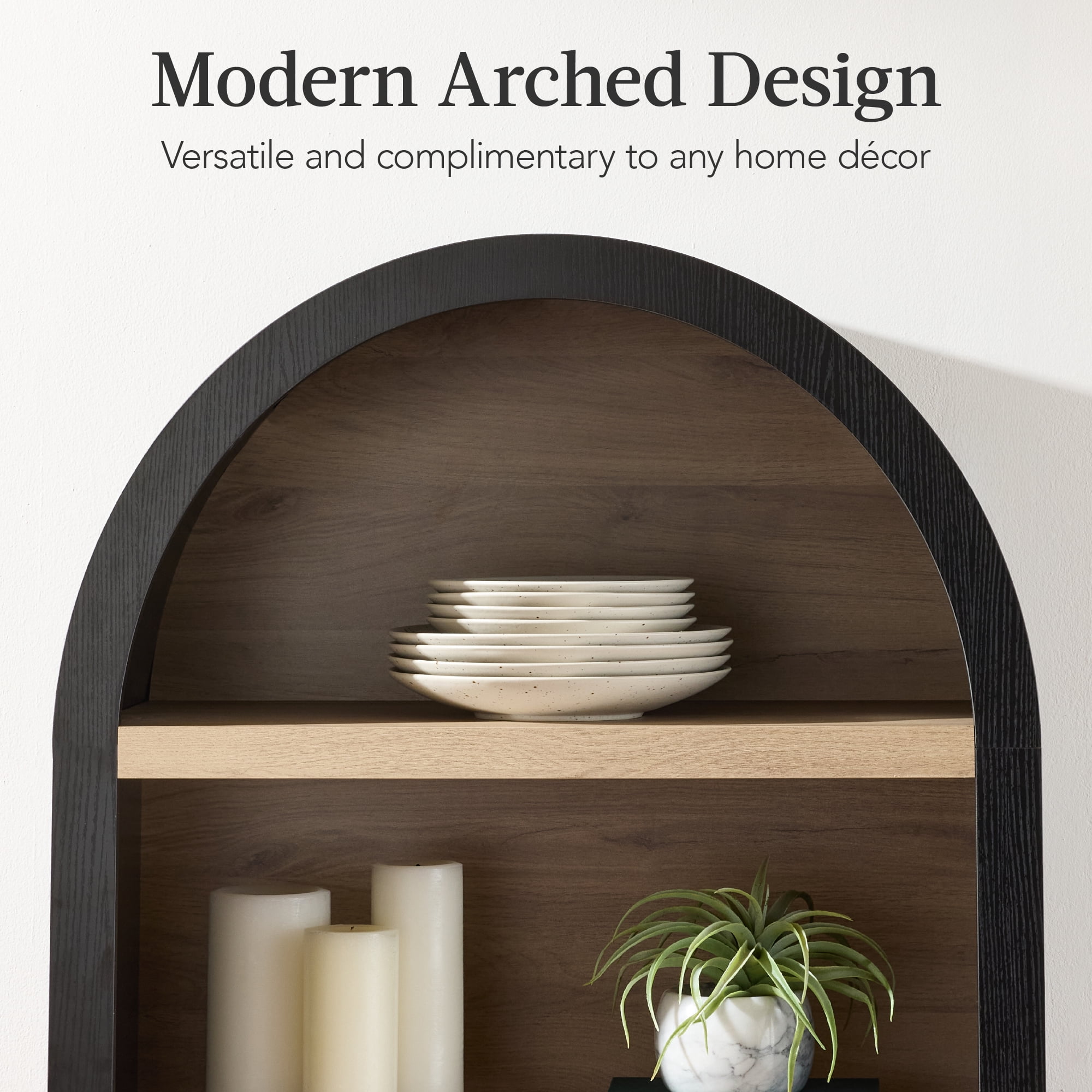 Best Choice Products 72" Tall Arched Pantry Cabinet w/ Doors, 5-Tier Storage Cabinet w/Adjustable Shelves - Black Oak