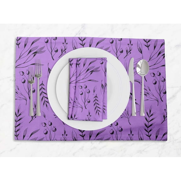 S4Sassy Purple Blueberry Leaves Printed Dining Room Reversible Tablemats With Napkins set
