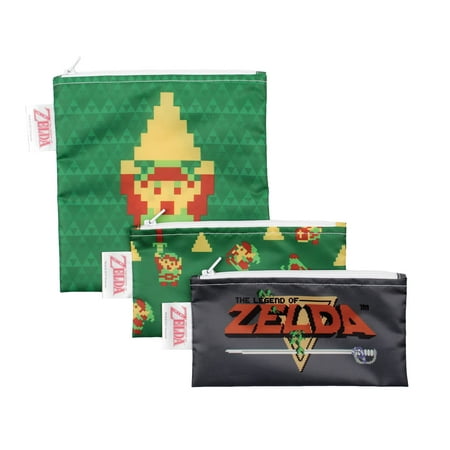 Reusable Sandwich And Snack Bags, For Kids School Lunch And For Adults Portion, Washable Fabric, Waterproof Cloth Zip Bag, Travel Pouch, Food-Safe Storage, 3-Pk Legend Of Zelda