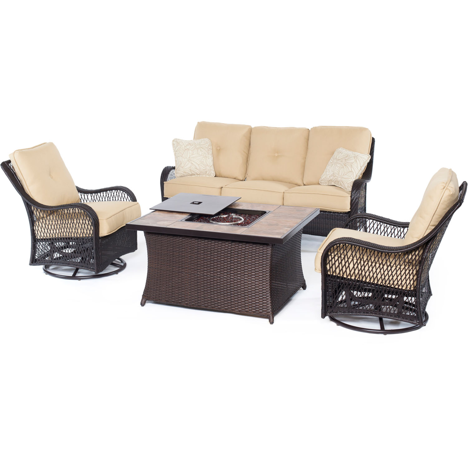 Hanover Orleans 4-Piece Woven Fire Pit Lounge Patio Set with Faux-Stone Tile Top
