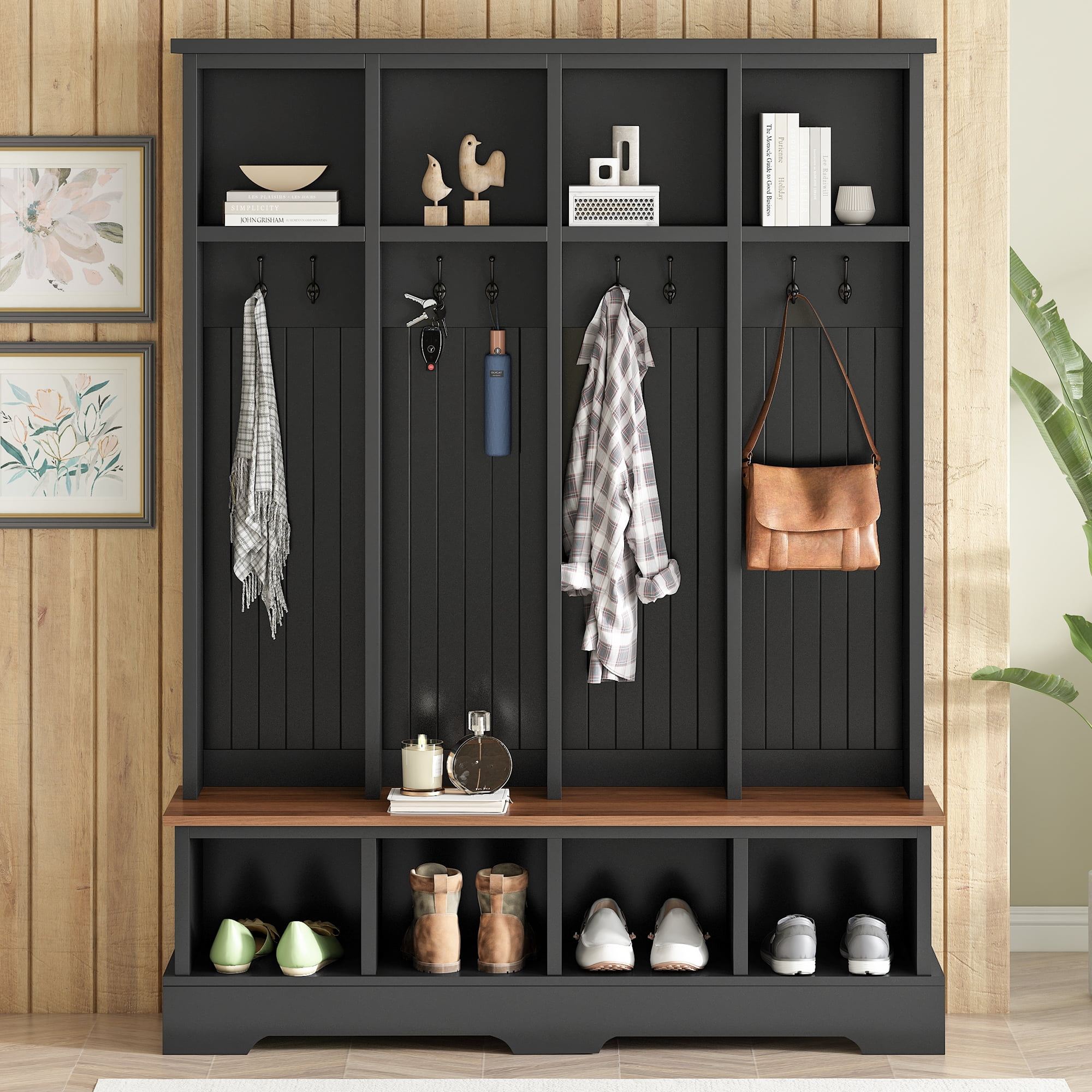 Euroco Farmhouse 59"W Wide Hall Tree with 8 Hooks, Practical Entryway Bench with Open Compartments, 76.7"H Modern 3-in-1 Wooden Style Coat and Shoe Rack for Mudroom, Living Room, Black