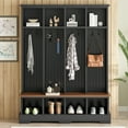thumbnail image 2 of Euroco Farmhouse 59"W Wide Hall Tree with 8 Hooks, Practical Entryway Bench with Open Compartments, 76.7"H Modern 3-in-1 Wooden Style Coat and Shoe Rack for Mudroom, Living Room, Black, 2 of 9