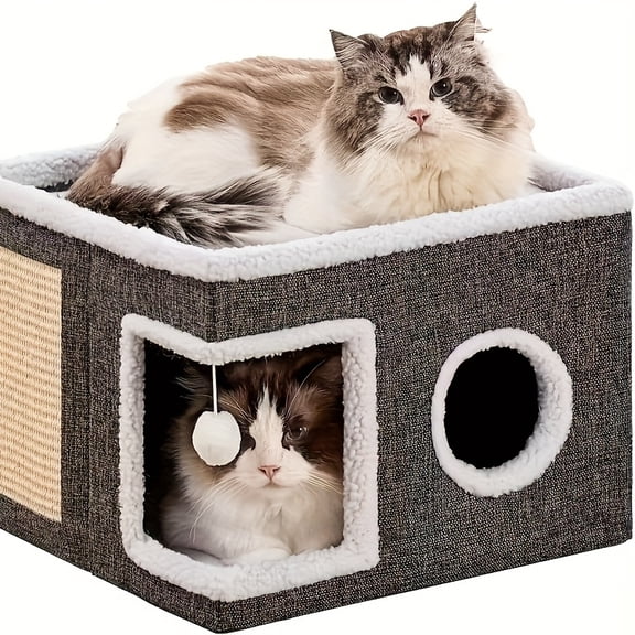 Alkirakira 2-Story Scratching Post Comfortable Bunk Bed Medium Indoor Cat House with Toy Ball, Gray