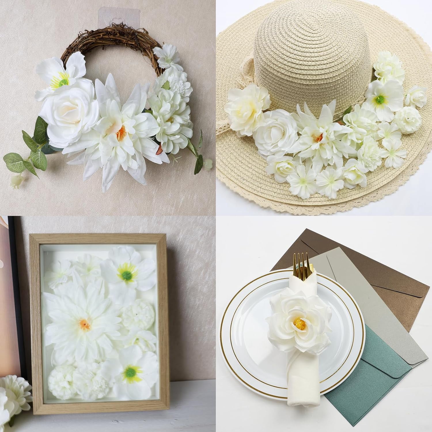 56 PCS Artificial Flower Heads White Bulk Fake Rose Peony Hydrangea Faux Flowers Small for Crafts Wedding Hair Cap Dresses Cake Baby Shower Decorations