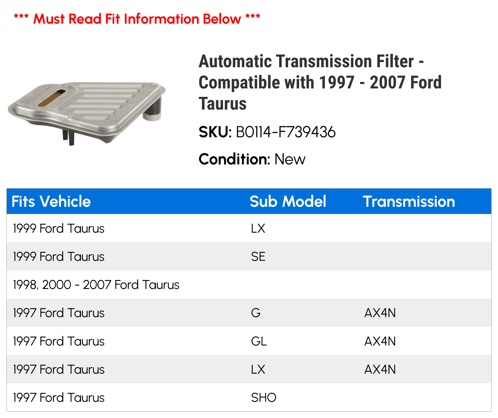 Automatic Transmission Filter - Compatible with 1997 - 2007 Ford Taurus 1998 1999 2000 2001 2002 2003 2004 2005 2006