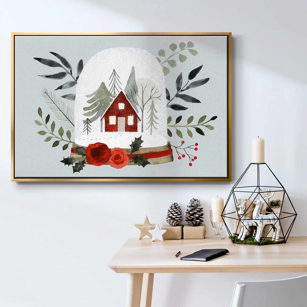 Snow Globe Village Collection A - Framed Gallery Wrapped Holiday Canvas - 17 x 25 - Gold Frame