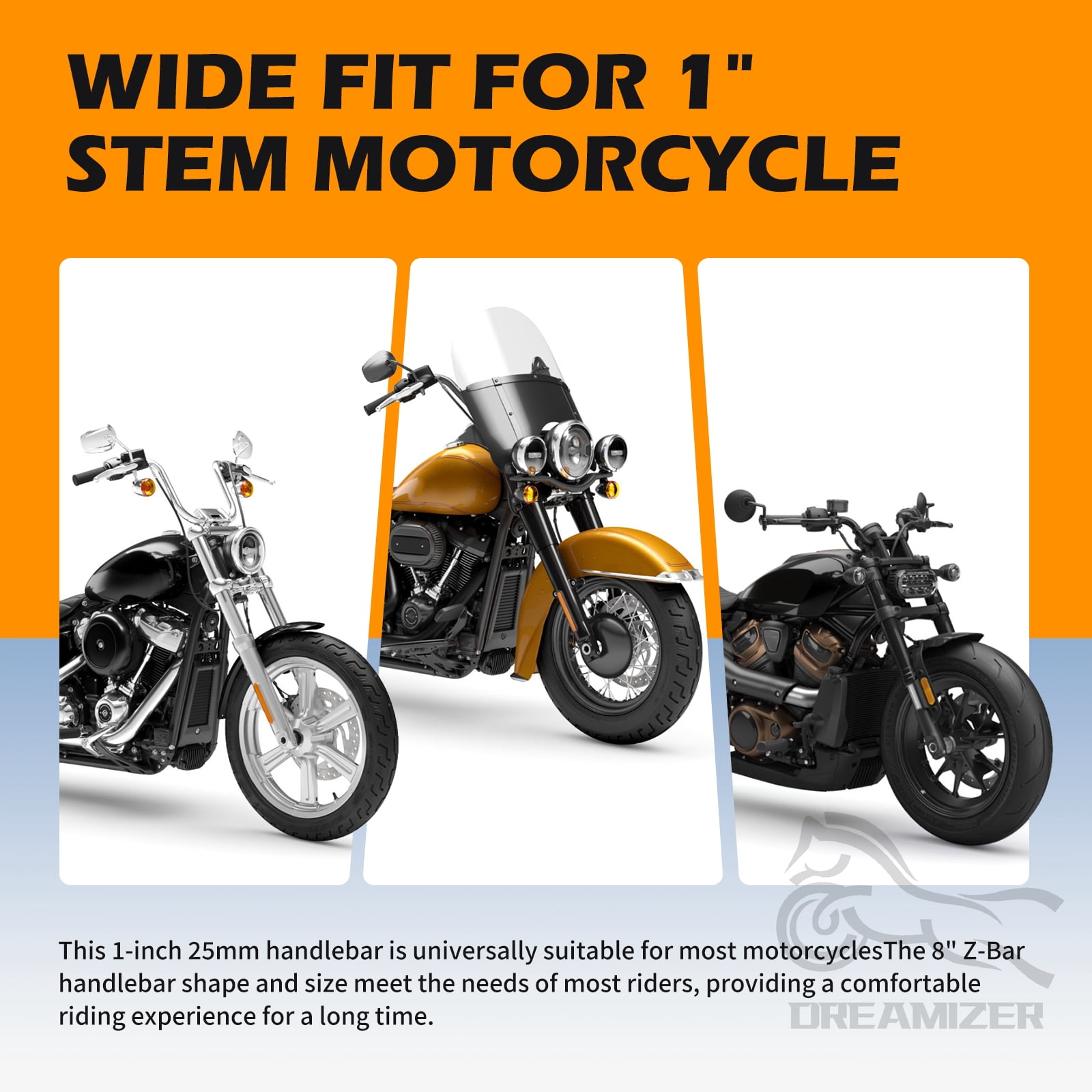 1" 25mm Z Bar - 8" Rise Handlebar w/Pre-Drilled Holes Universal For Harley Honda Yamaha Suzuki Kawasaki Most Motorcycle Chopper Cruisers Bobber Bike Cafe Racer Any Custom Applications