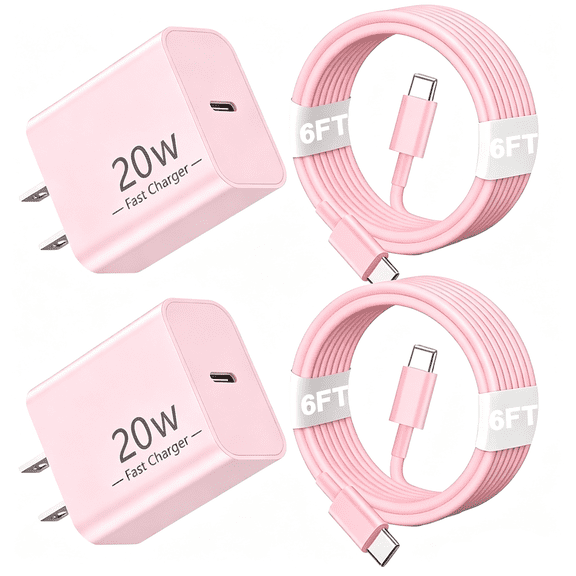 iPhone Fast Charger 20W USB C to USB C, [2 Pack] PD Wall Charger Block with 6FT Type-C Cable for iPhone 17/16/15,iPad Pro,AirPods