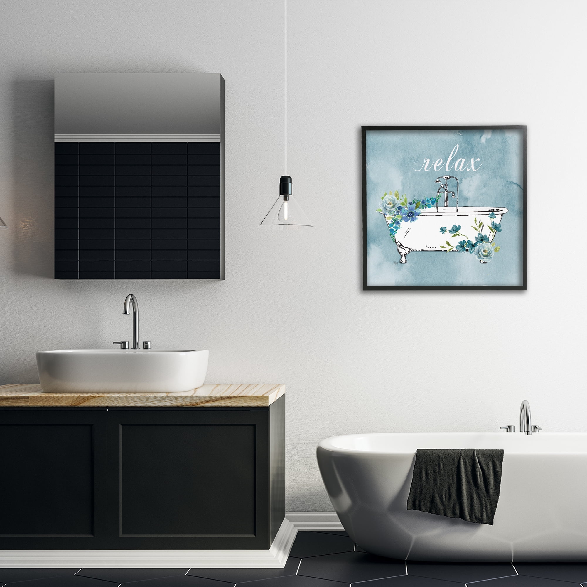 Stupell Industries Floral Bathroom Rules Relax Black Framed Giclee Art, design by Nan