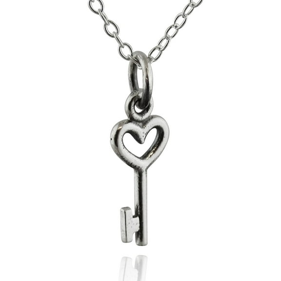 Sterling Silver Tiny Heart Skeleton Key Charm Necklace, 18" Chain