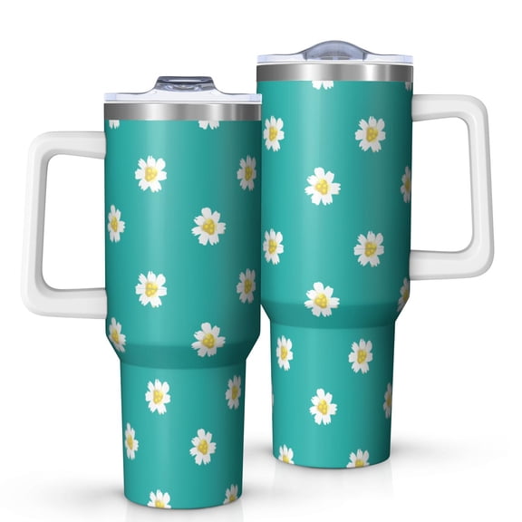 40oz Tumbler with Handle and Straw, Vacuum Insulated Stainless Steel Travel Mug, Fits Car Cup Holder, Daisy Floral Print