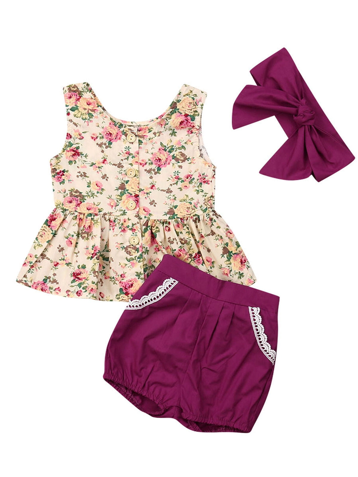 3Pcs Kid Baby Girl Tops Flower Skirt PP Pants Headband Sunsuit Outfit Sets 0-24M
