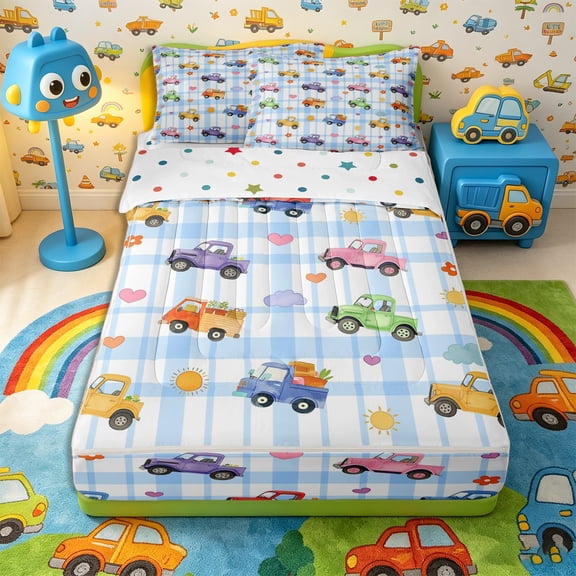 Castle Fairy Watercolor Truck Zipper Twin Comforter Sets with Fitted Sheet and 2 Pillowcases for Girls,Plaid Check Art Zipper Bedding Set for Bedroom,Blue Green Yellow,4-Piece,Reversible