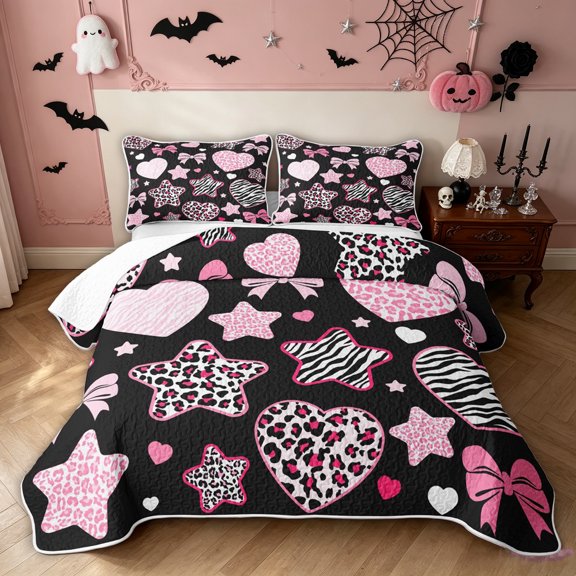 Feelyou Sugar Gothic Bow Twin Quilt Set, Leopard Zebra Stars Twin Coverlet Set, Black Pink, 2-Piece, 1 Comforter and 1 Pillowcase