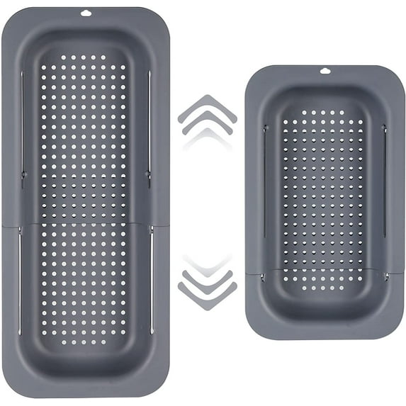 Extendable Strainer Basket Over The Sink, Drainer Sink, Ideal for Washing Vegetables and Fruit, Boiled Pasta and Dry Dishes Drain, 34.5 - 48 x 8 x 20 cm,Dark Grey