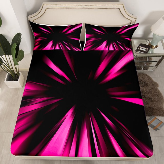 Erosebridal Gradient Geometric Fitted Sheet Full, Abstract Striped Fitted Sheet Set Full, Adult Teens, 3-Piece(No Top Sheet)