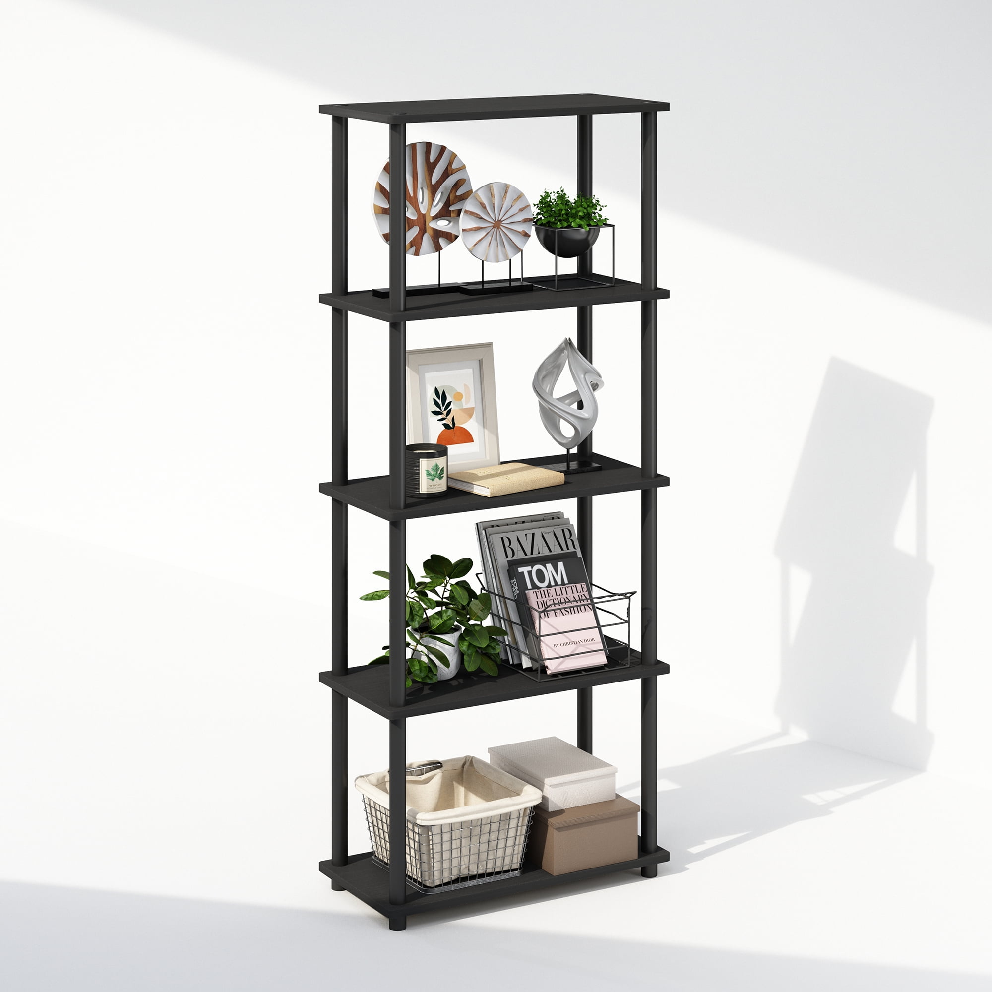 Furinno Turn-N-Tube 5-Tier Multipurpose Compact Display Rack, Shelving Unit, Bookcase, Americano/Black