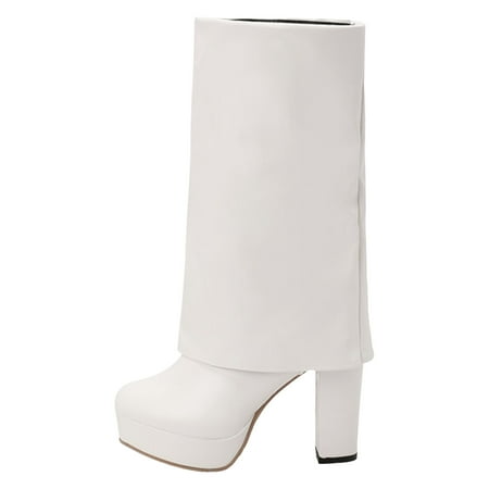 

Povozer Boots for Women Mid Calf Women s Fashion Almond Toe High Heel Fall Winter Dressy Boots(White 7)