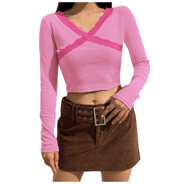 Birdeem Womens V-Neck Slim Cross Lace Solid Color Bottom Long-Sleeved Pullover Shirt Top