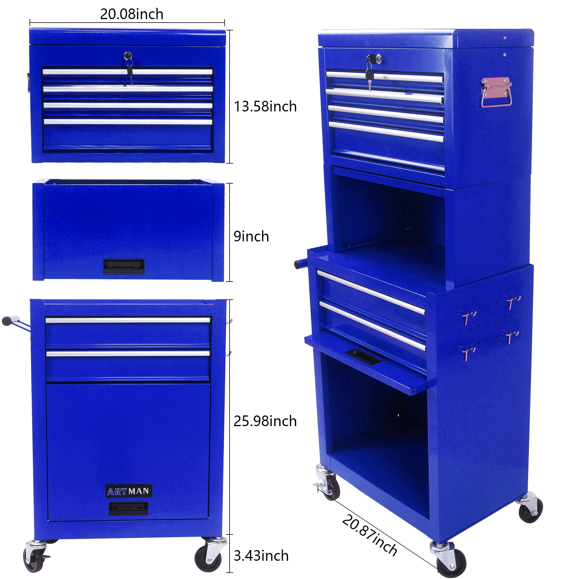 Aukfa Tool Box, 3 in 1 Steel Rolling Tool Chest w/ 6-Drawers & 2 Cabinet for Garage Workshop, Blue