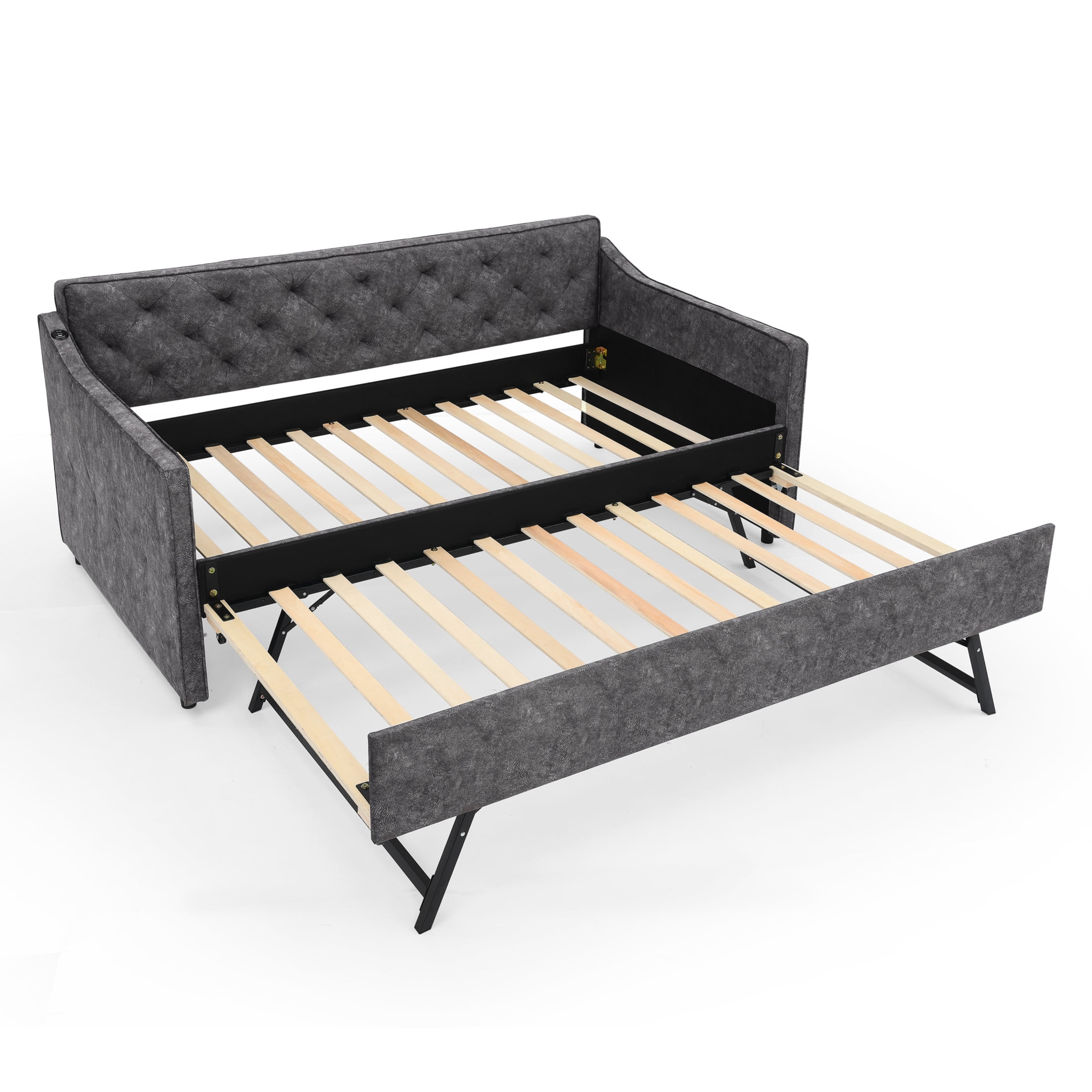 Noble House Belric Twin Size Velvet Tufted Daybed, Sofa Bed Frame with Pop-Up Trundle and Built-In Charging Port, Grey