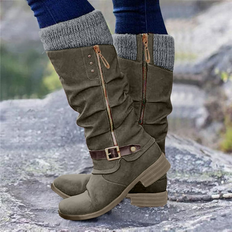 Mostsola Womens Knee High Boots Vintage Round Toe Heeled Mid Calf