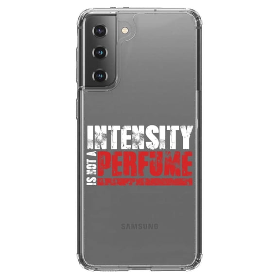 DistinctInk Clear Shockproof Hybrid Case for Galaxy S21  PLUS 5G (6.7" Screen) - TPU Bumper Acrylic Back Tempered Glass Screen Protector - Intensity Isn't A Perfume