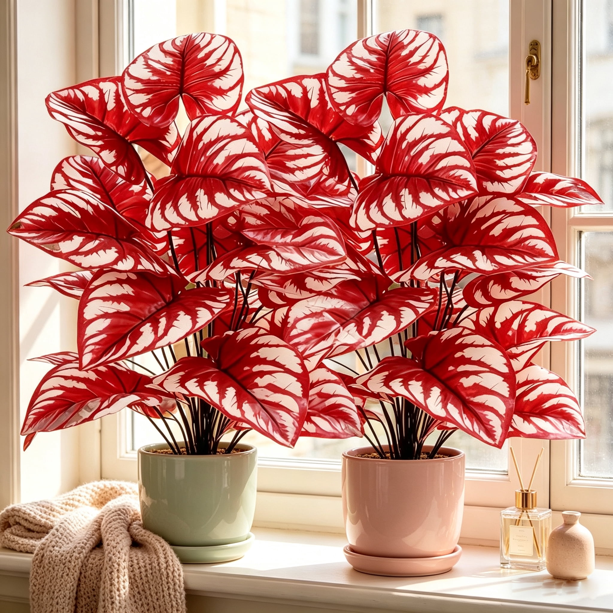 2 PCS 27.5 Inch Artificial Caladium Plants, Faux Red Leaf Caladium, UV Resistant Fake Plants for Indoor Outdoor Home Garden Decor, No Pot Included