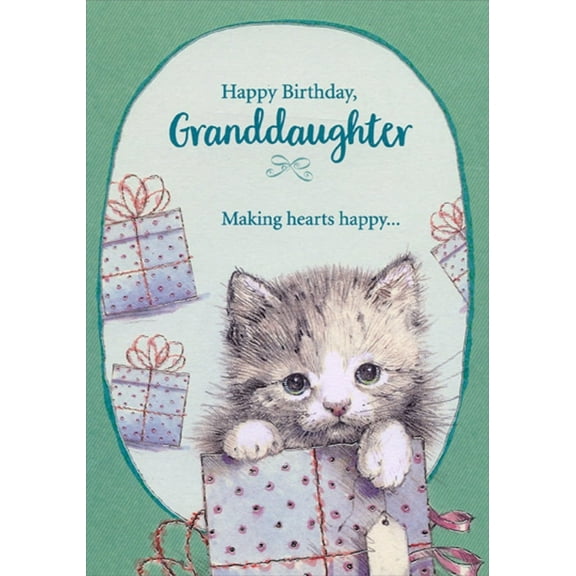 Designer Greetings Gray Kitten with Paws on Present Birthday Card for Granddaughter