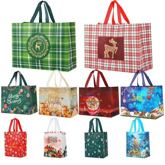 10 Pcs Christmas Gift Bags Assorted Sizes, Reusable Xmas Bags with Handle, Non-Woven Christmas Bags for Holiday Party Favors