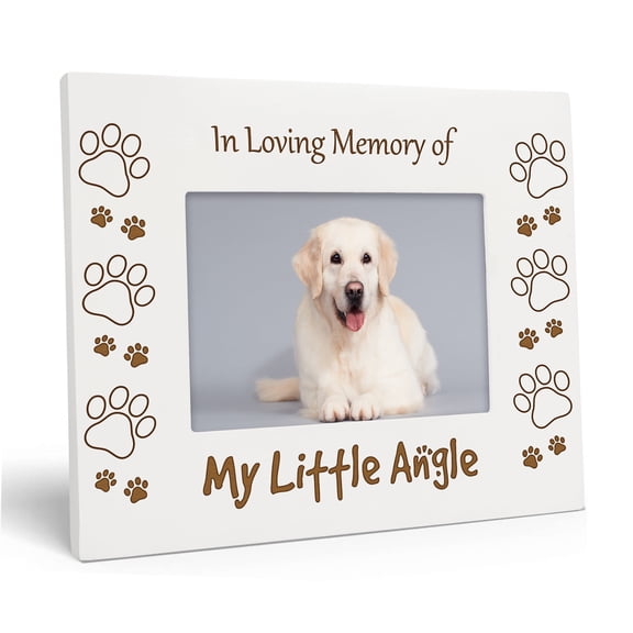 Darling Souvenir 4x6 Inches Horizontal Dog White Picture Frame - Pet Keepsake Tabletop Photo Holder with Acrylic Glass, Wooden Engraved Bereavement Memorial Gift for Doggy Lovers