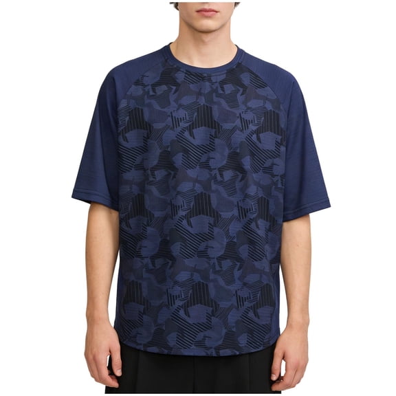 TEAJOPSUU Men's Casual Print T-Shirt Raglan Style Lightweight & Breathable Quick Dry Short Sleeve For Outdoor Travel & Everyday Casual Wear Blue