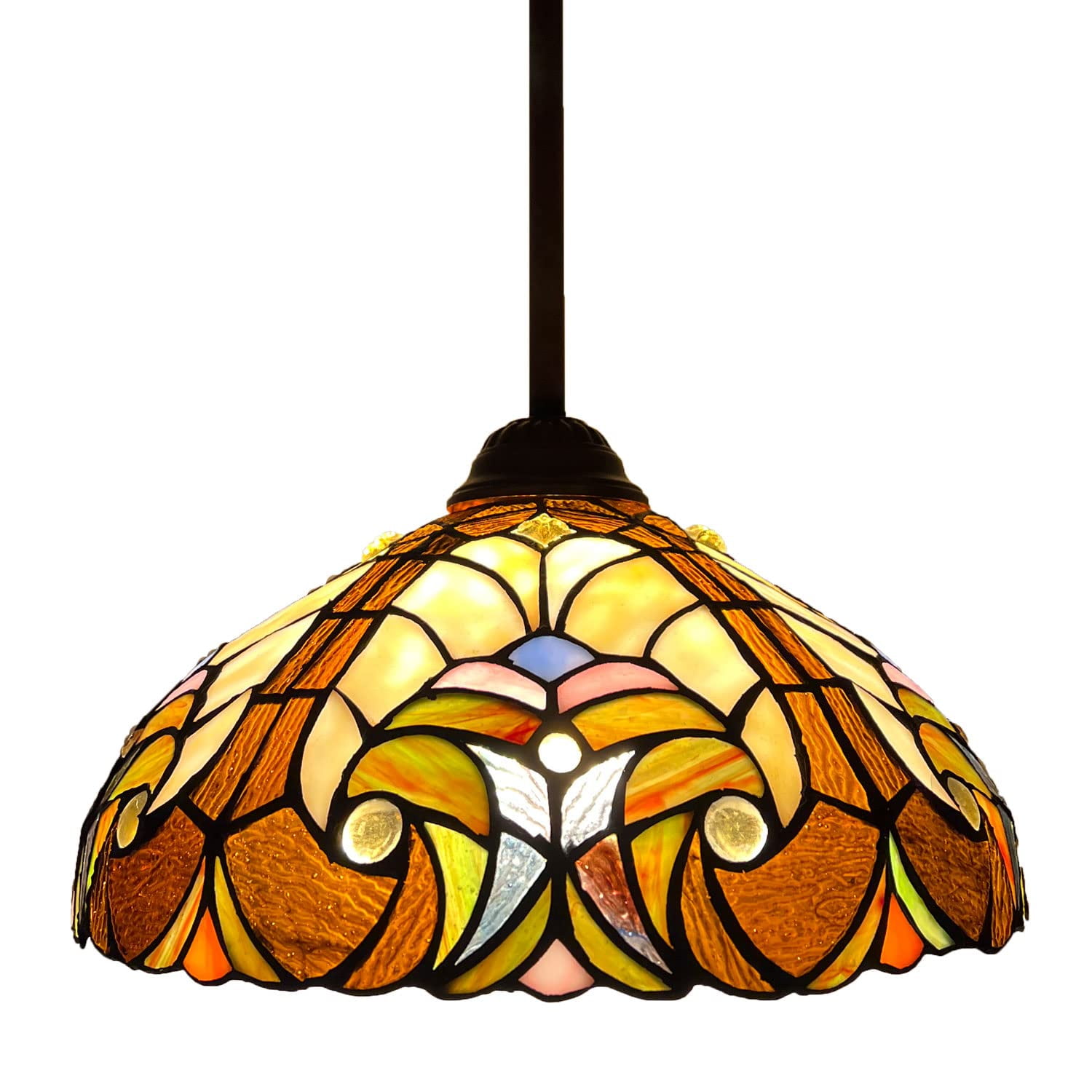 Tiffany Pendant Light Fixture, 12" Wide Victorian Style Brown Stained