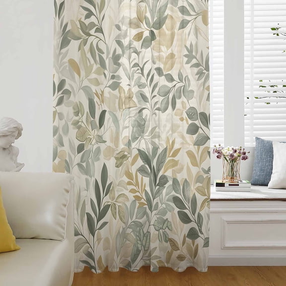 Sage Green Yellow Botanical Semi Sheer Curtains Drapes for Living Room, Bedroom, French Doors Window 45 Inches Long, Spring Summer Vintage Rod Pocket Chiffon Curtain Drapery Voile Draperies Panel
