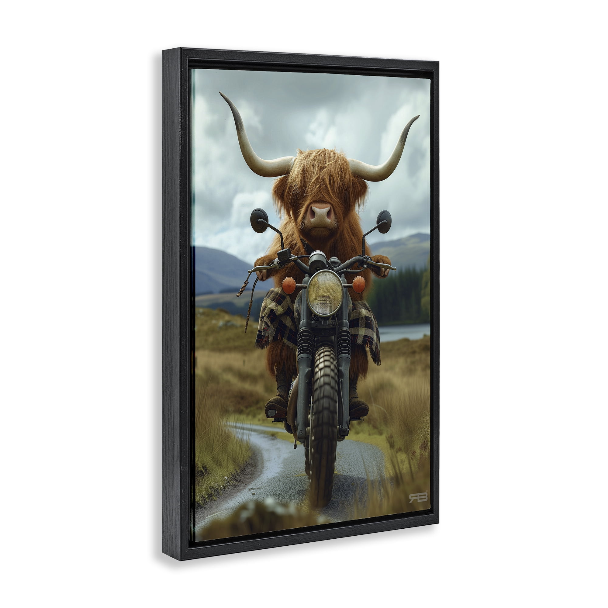 Stupell Industries Motorbike Rural Cattle Animals & Insects Painting Black Floater Framed Art Print Wall Art, 21 x 31