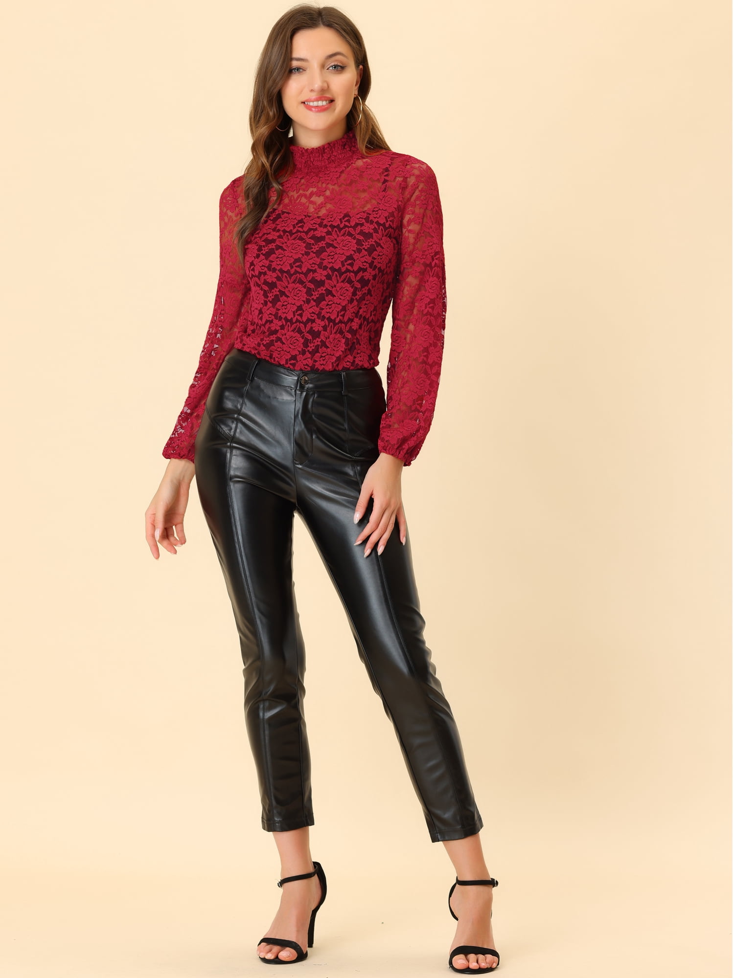 DARING DIVA Lace Elastic Cuff Long Sleeves Vintage Blouse S Dark Red