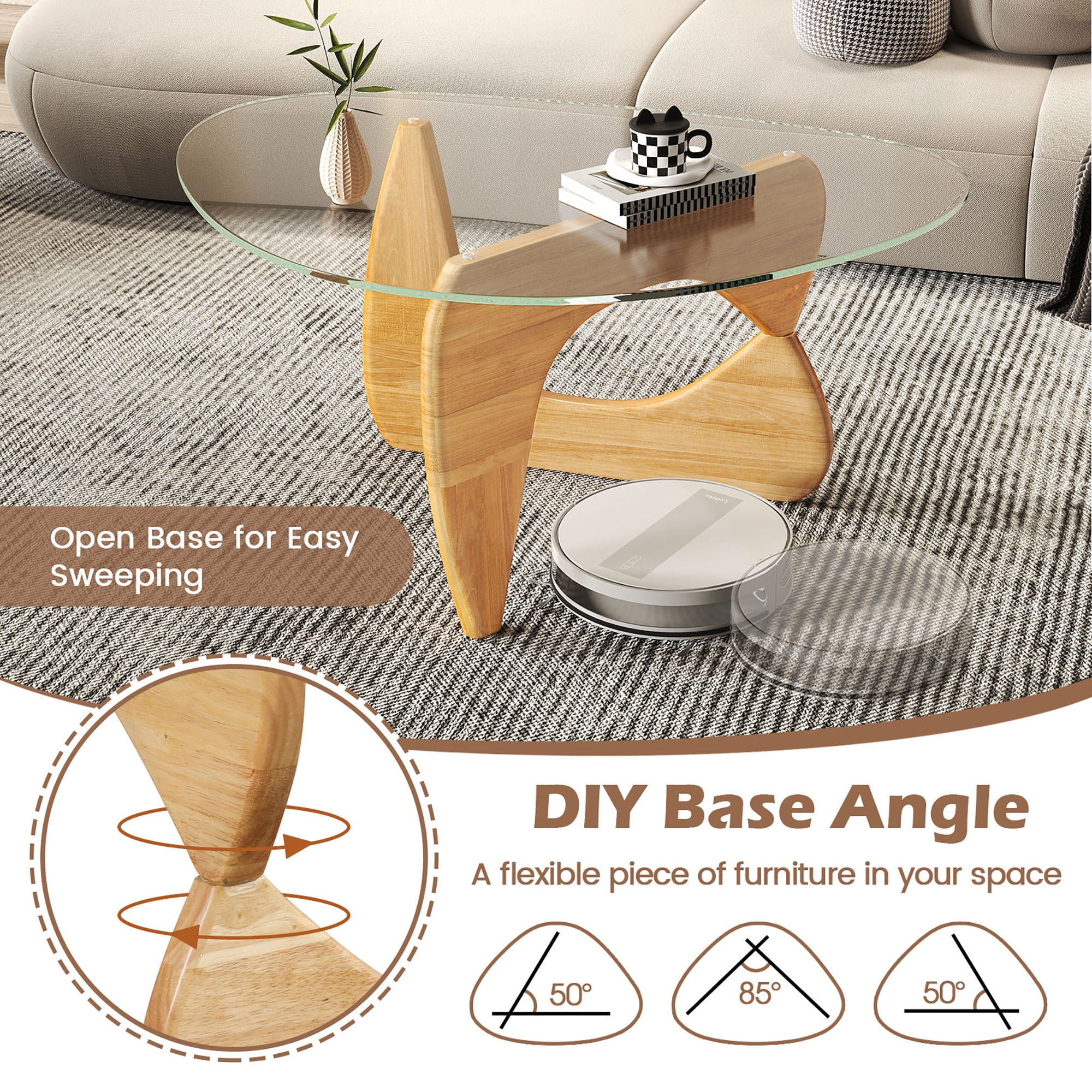 Gymax Triangle Coffee Table w/ Tempered Glass Top & Adjustable Rubber Wood Base