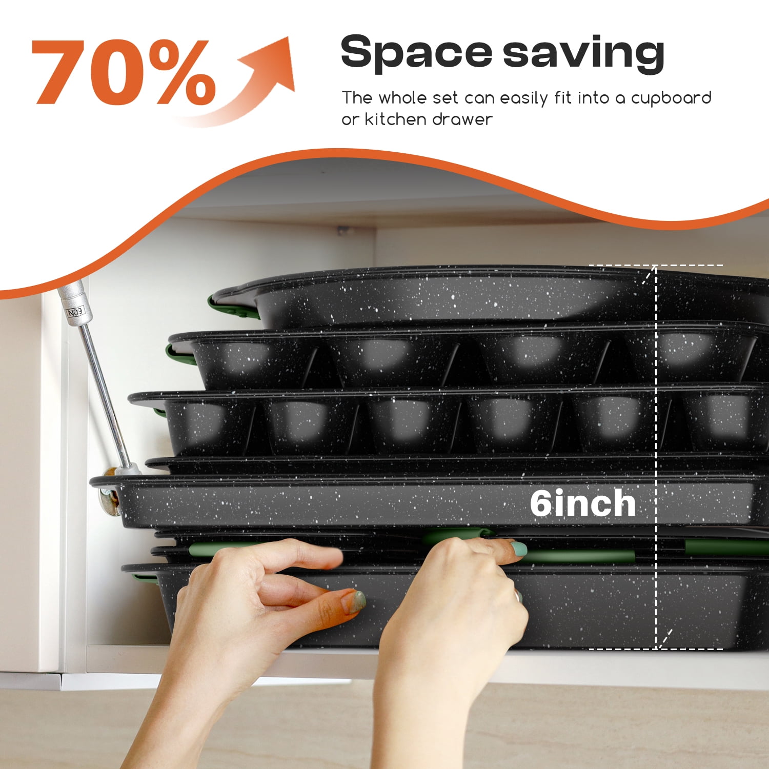 Slow Slog Nonstick Bakeware Set, 14-Piece Baking Pans Set, Stackable Baking Sheet Pans with Silicone Handles,Green&Black