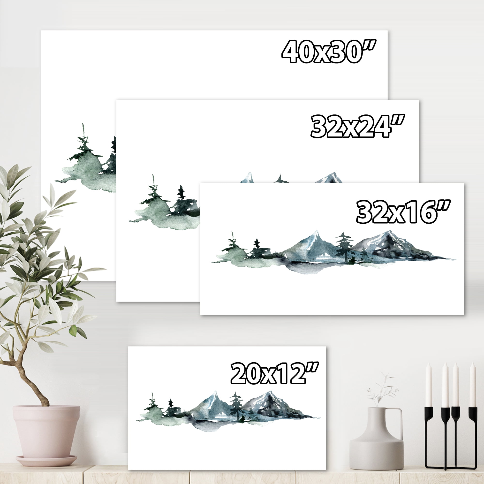 Designart ' Minimalistic Fir Forest and Winter Mountains III ' Modern Canvas Wall Art Print