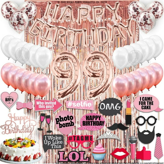 99th Birthday Decoration Rose Gold, 99 Party Supplies Decoration, 99th Sash, 99 Cake Topper, 99th Photo Props, confetti Balloons, Curtain