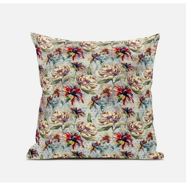 Roses Sprayed Stars Suede Zippered Pillow with Insert in Blue Yellow 16 x 16
