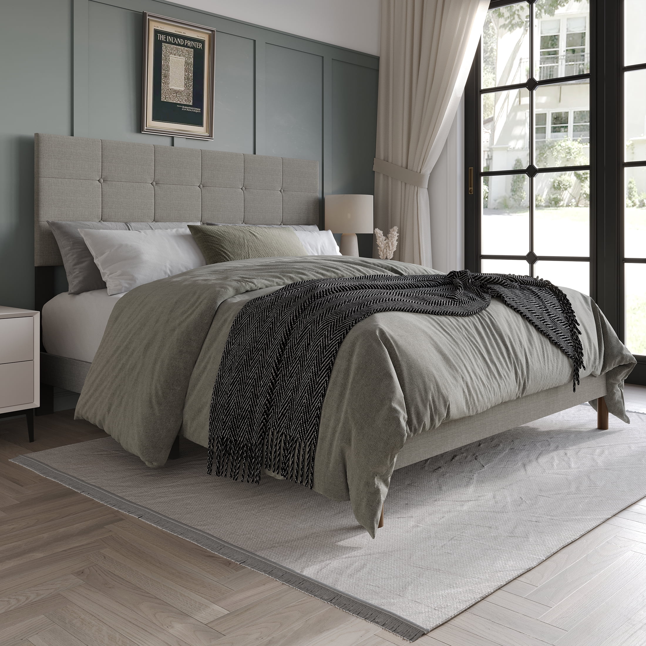 Castle Place Elegant Square Tufted Linen Upholstered Queen Platform Bed, Light Grey
