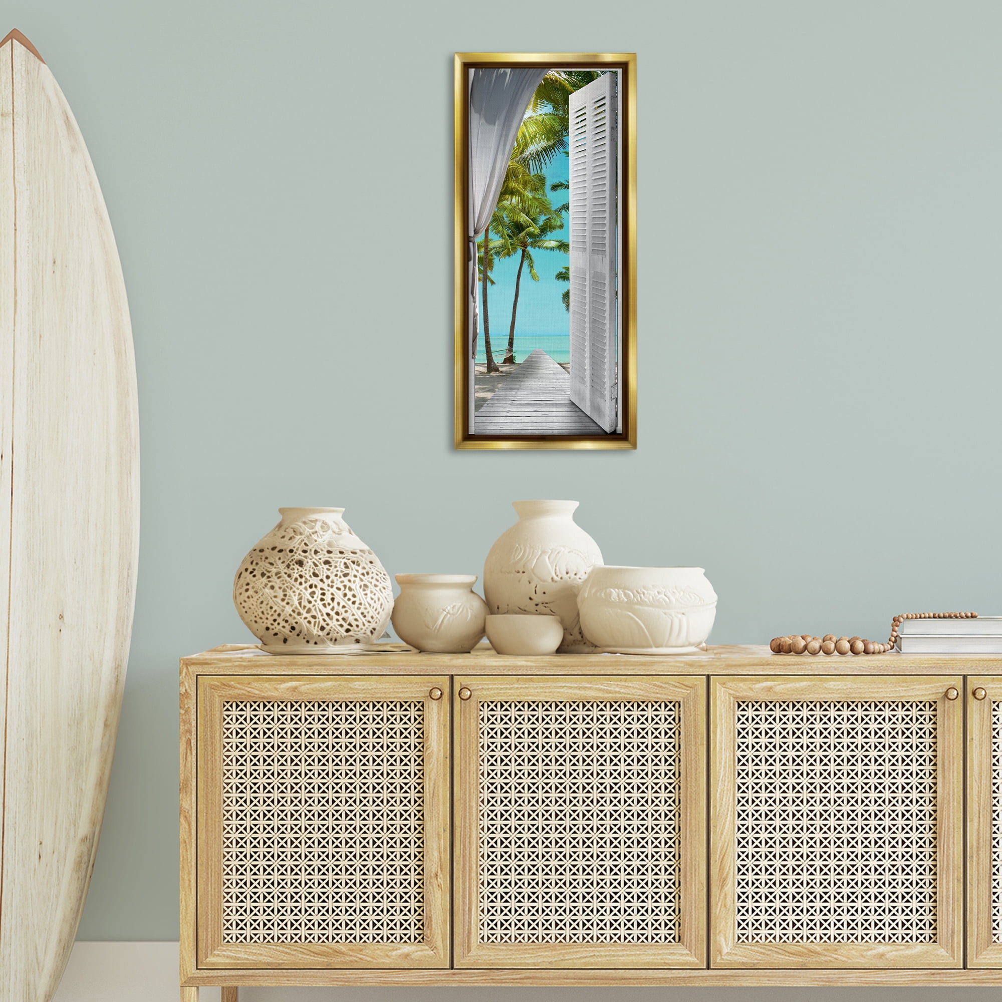 Stupell Industries Tropical Beach Villa View Nautical & Beach Painting Gold Floater Framed Canvas Art Print Wall Art, 14 x 31