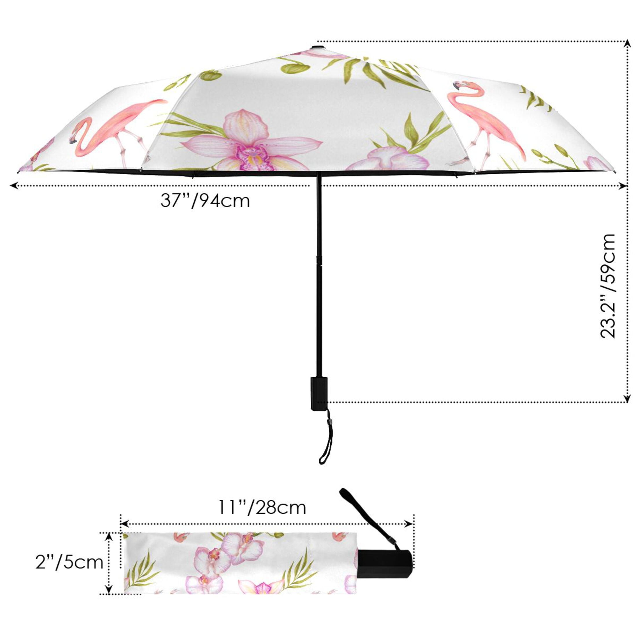 Pink Flamingo Flowers Compact Folding Umbrella for Rain Windproof Travel Umbrella UPF 50+ Lightweight Packable Arc Size