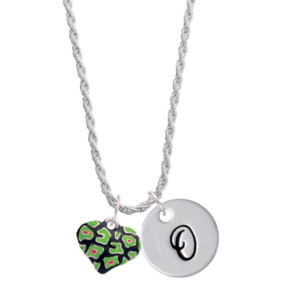 Delight Jewelry Silvertone Lime Green Cheetah Print Heart Silvertone Script Initial Disc - O - Charm Necklace, 20"+3"