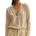 thumbnail image 6 of Women Solid Color V Neck Cotton Linen Blouse,Roll Up Long Sleeve Loose Bohemian Casual Shirt,Lightweight Breathable Basic Top for Daily Leisure,Travel Spring Summer 2026 Outfits Khaki S, 6 of 6
