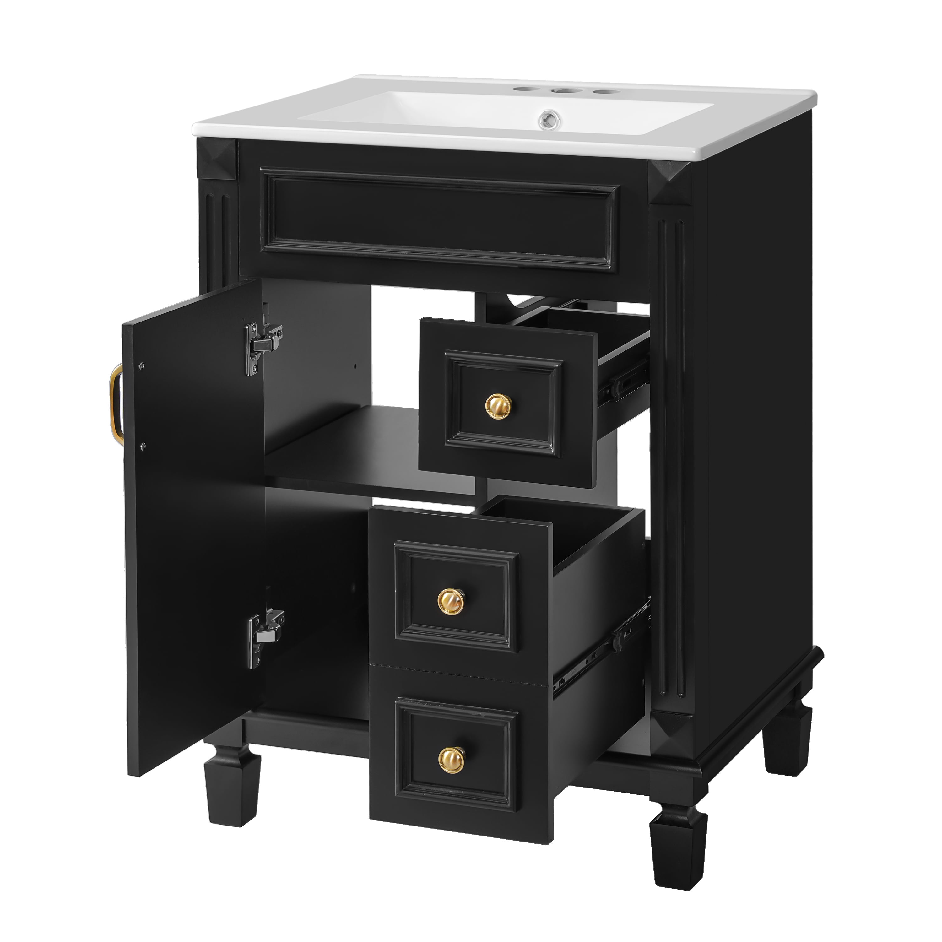 Homy Casa 24 in Bathroom Vanity with Ceramic Sink, Freestanding Storage Cabinet with 3 Drawers for Powder Room Black
