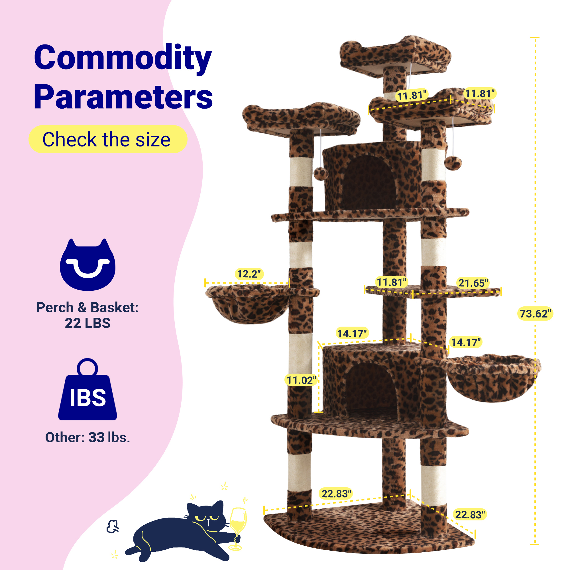 Allewie 73in Fan-Shaped Space-Saving Corner Cat Tower, Multi-Level Tall Cat Tree for Indoor Kitties, Cozy Baskets, Condos, House, Perches, Sisal Scratching Posts, Leopard Print