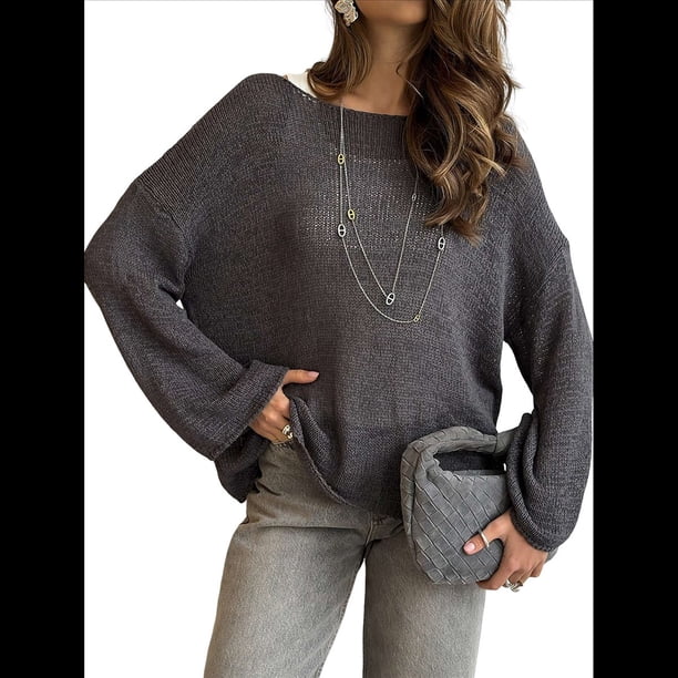 Suéter de Verano para Mujer, Cuello Redondo, Corta, Informal, de Punto, Tipo Pulóver Gris L