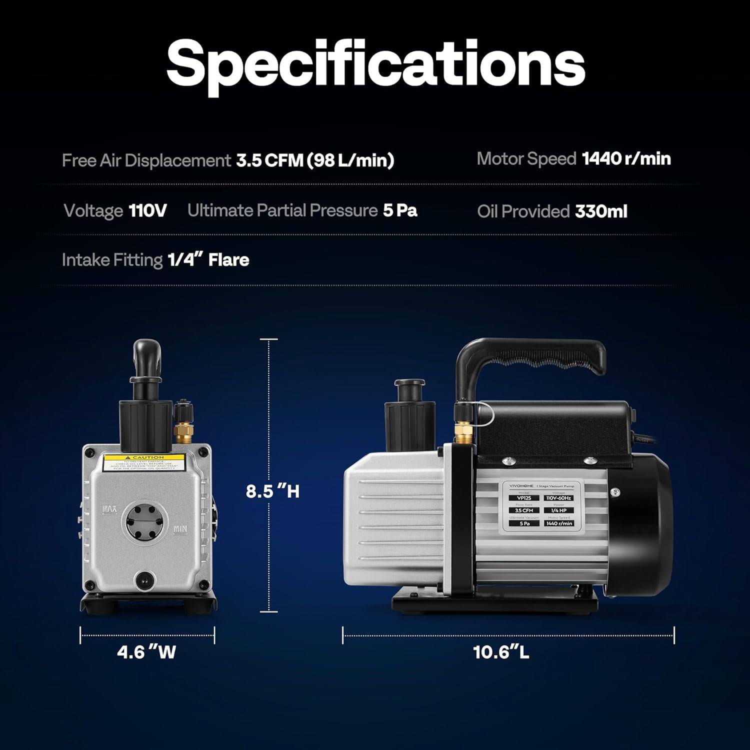 SPECSTAR 3.5 CFM 1/4 HP 110V Single Stage HVAC Vacuum Pump for R134a R12 R22 R502 R410a Systems, Auto AC Vacuum Pump for Air Conditioner Servicing Resin Degassing with Oil Bottle
